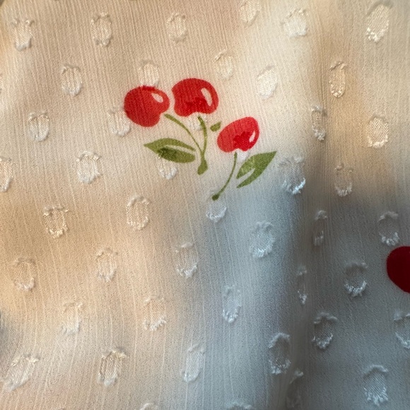 Joie Cherry Print Swiss Dot Peasant Blouse L Sheer Smocked Waist Cottage Flirty - Picture 12 of 16